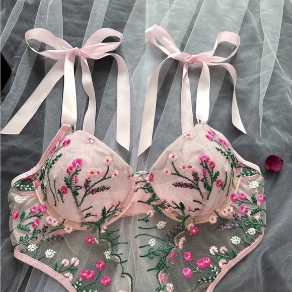 Pink Floral Embroidered Mesh Bodysuit Teddy - Picture 5 of 5